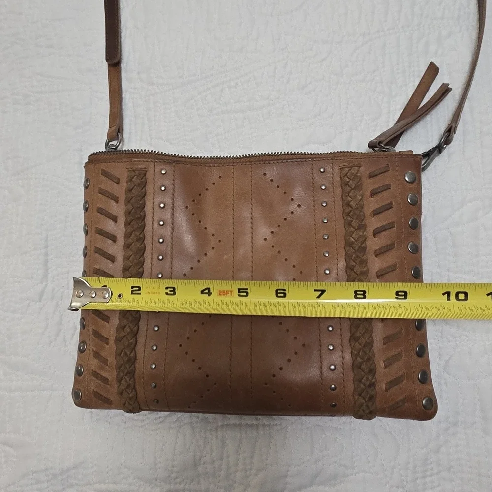 Lucky Brand Brown Leather Crossbody Bag Braided Studded Boho Triple‎ Compartment